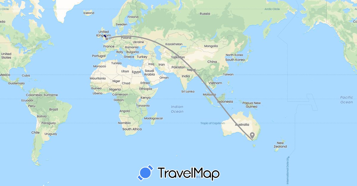 TravelMap itinerary: driving, plane in Australia, United Kingdom, Netherlands (Europe, Oceania)